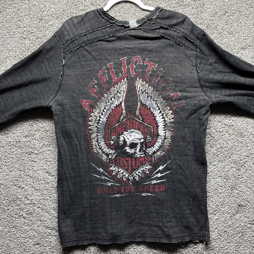 Vintage Y2K Affliction Thermal Longsleeve Shirt Wings Skulls 2XL Reversible RARE